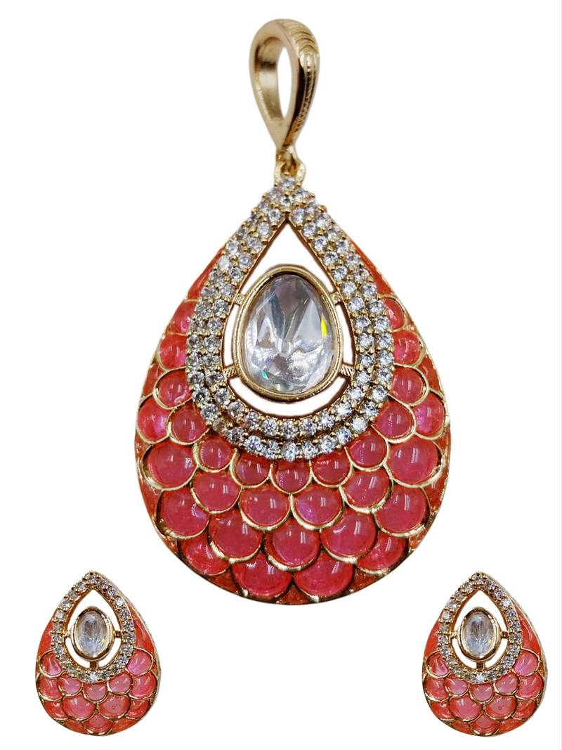 Women pink gold-plated ad-studded teardrop pendant with earrings jewellery set