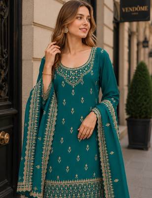 Teal green georgette suit with heavy embroidery work 2