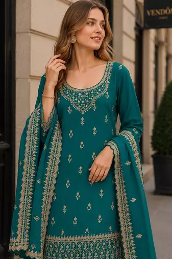 Teal green georgette semi stitched suit with heavy embroidery work