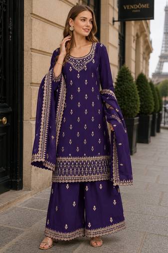 Purple georgette semi stitched suit with heavy embroidery work