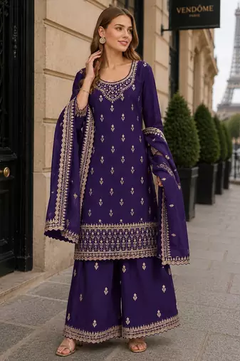 Purple georgette semi stitched suit with heavy embroidery work