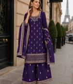 Purple georgette semi stitched suit with heavy embroidery work