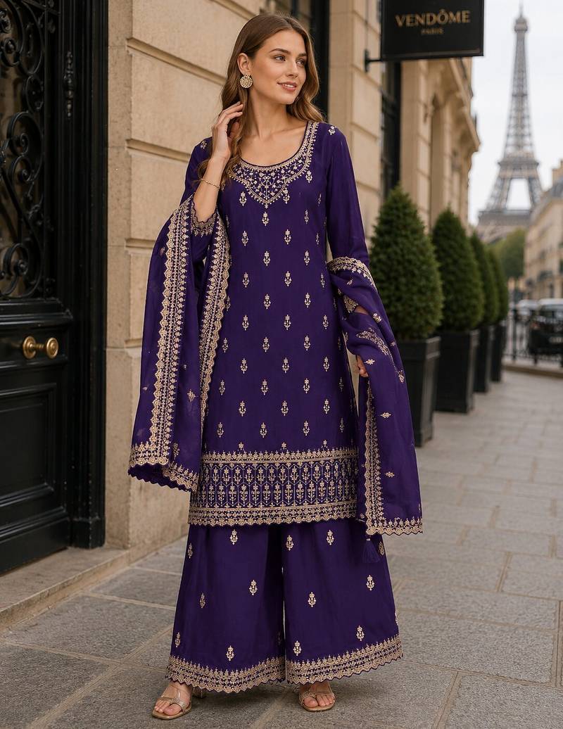 Purple georgette semi stitched suit with heavy embroidery work