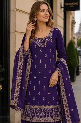 Purple georgette semi stitched suit with heavy embroidery work