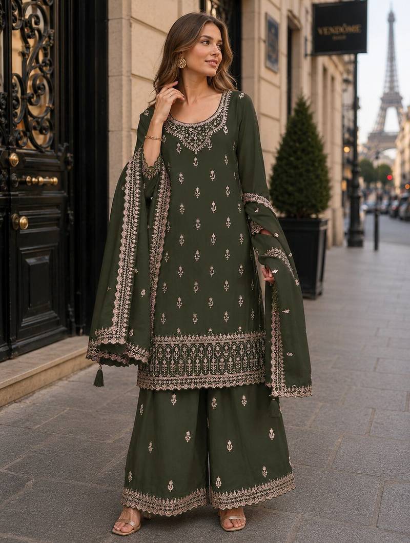 Mehendi georgette semi stitched suit with heavy embroidery work