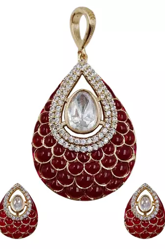 Women ruby gold-plated ad-studded teardrop pendant with earrings jewellery set