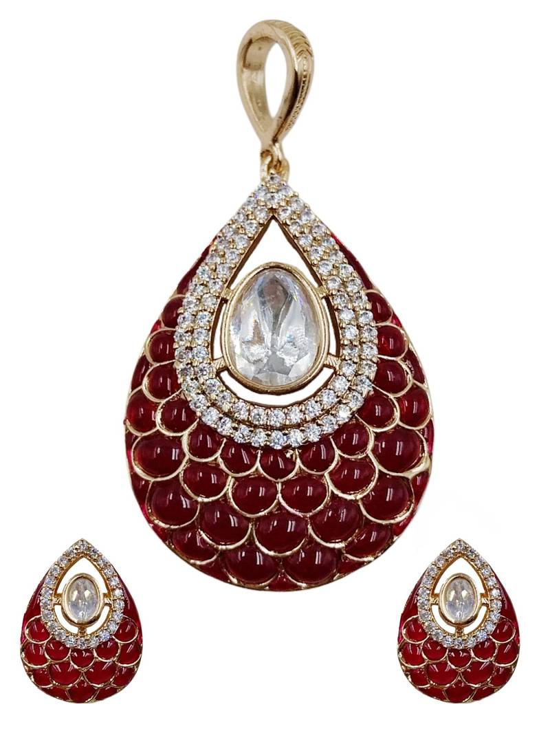 Women ruby gold-plated ad-studded teardrop pendant with earrings jewellery set