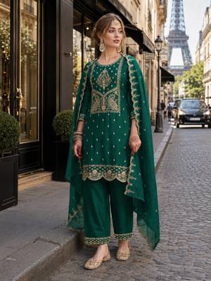 D green vichitra silk suit with embroidery & sequin work 1