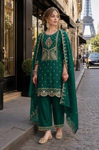 D green vichitra silk semi stitched suit with embroidery & sequin work