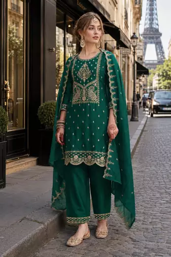 D green vichitra silk semi stitched suit with embroidery & sequence work