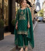 D green vichitra silk semi stitched suit with embroidery & sequence work