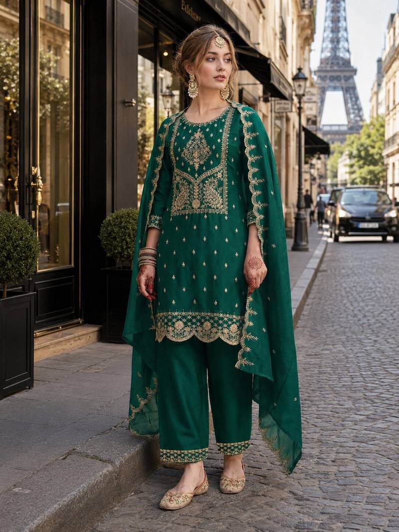D green vichitra silk semi stitched suit with embroidery & sequence work