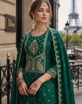 D green vichitra silk suit with embroidery & sequin work 2