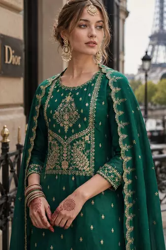 D green vichitra silk semi stitched suit with embroidery & sequence work