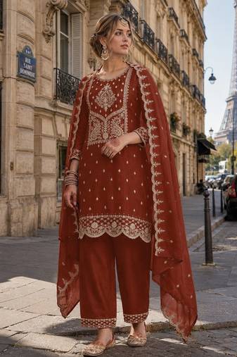 Orange vichitra silk semi stitched suit with embroidery & sequin work