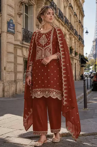 Orange vichitra silk semi stitched suit with embroidery & sequence work