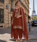 Orange vichitra silk semi stitched suit with embroidery & sequence work
