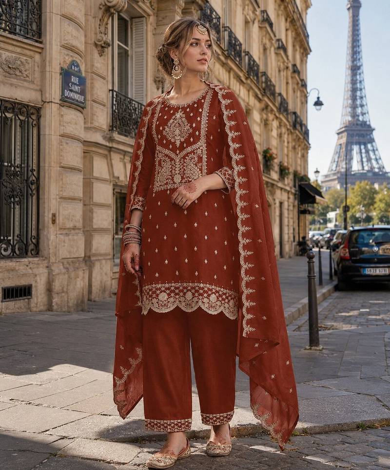 Orange vichitra silk semi stitched suit with embroidery & sequence work