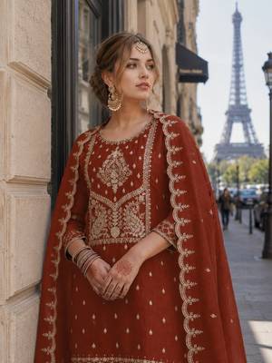 Orange vichitra silk suit with embroidery & sequin work 2