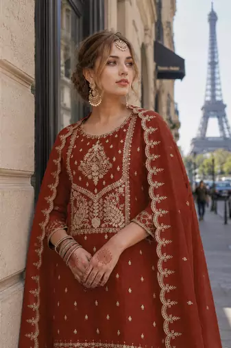 Orange vichitra silk semi stitched suit with embroidery & sequence work