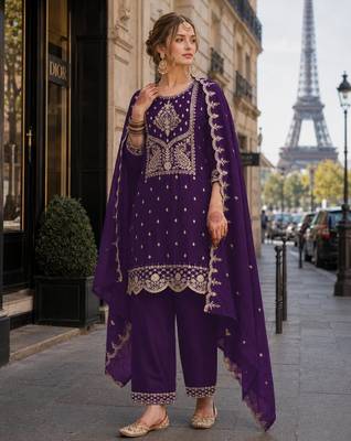 Purple vichitra silk suit with embroidery & sequin work 1