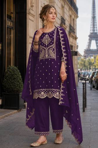 Purple vichitra silk semi stitched suit with embroidery & sequin work