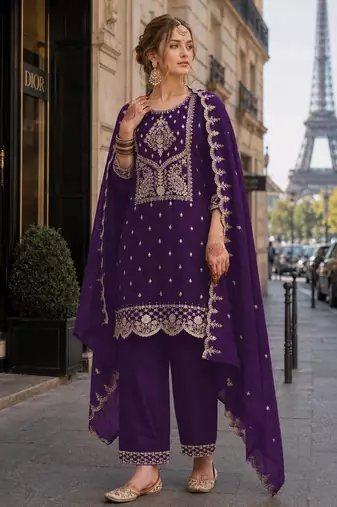 Purple vichitra silk semi stitched suit with embroidery & sequence work