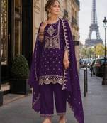 Purple vichitra silk semi stitched suit with embroidery & sequence work