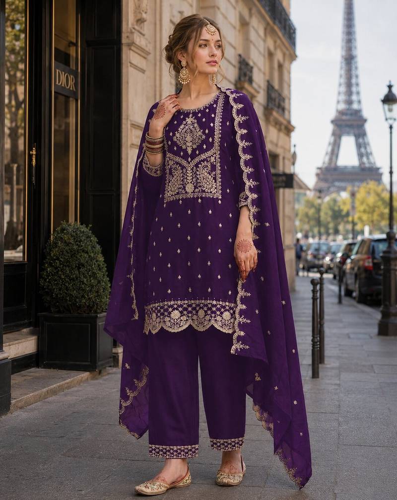 Purple vichitra silk semi stitched suit with embroidery & sequence work