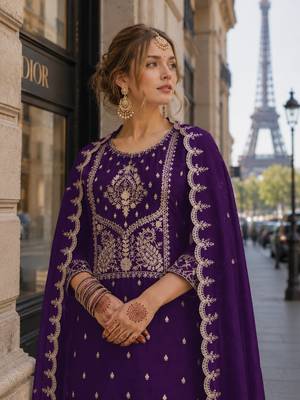 Purple vichitra silk suit with embroidery & sequin work 2