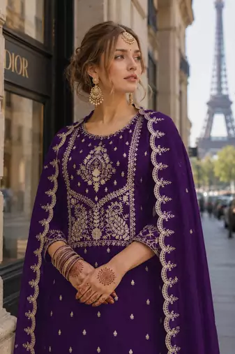 Purple vichitra silk semi stitched suit with embroidery & sequence work