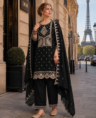 Black vichitra silk suit with embroidery & sequin work 1