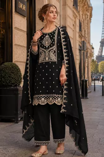 Black vichitra silk semi stitched suit with embroidery & sequence work