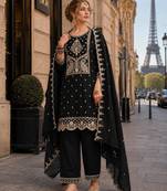 Black vichitra silk semi stitched suit with embroidery & sequence work