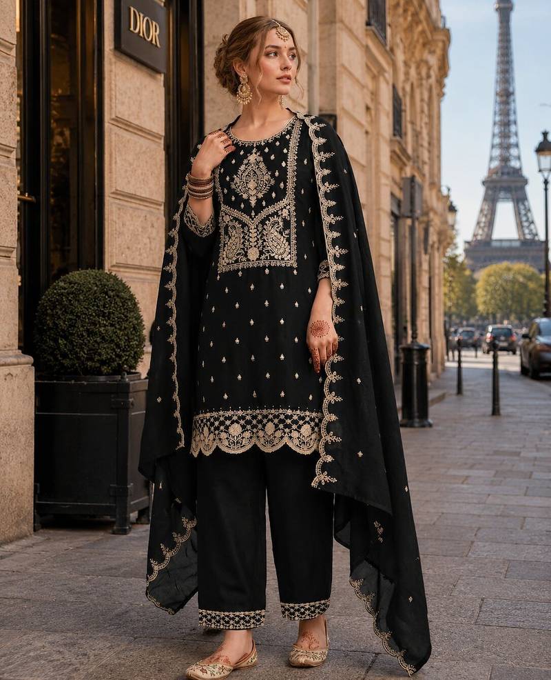 Black vichitra silk semi stitched suit with embroidery & sequence work