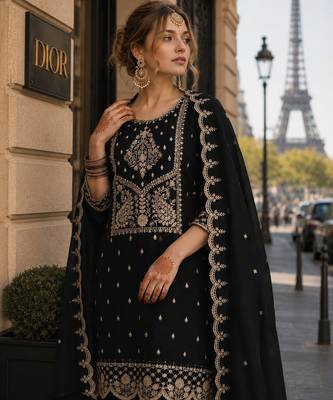 Black vichitra silk suit with embroidery & sequin work 2