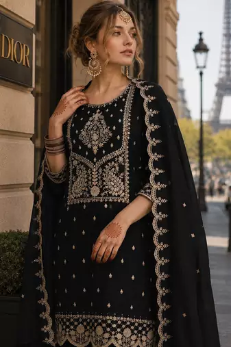 Black vichitra silk semi stitched suit with embroidery & sequence work