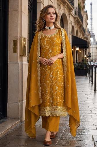 Mustard vichitra silk semi stitched suit with embroidery & sequence work