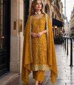 Mustard vichitra silk semi stitched suit with embroidery & sequence work