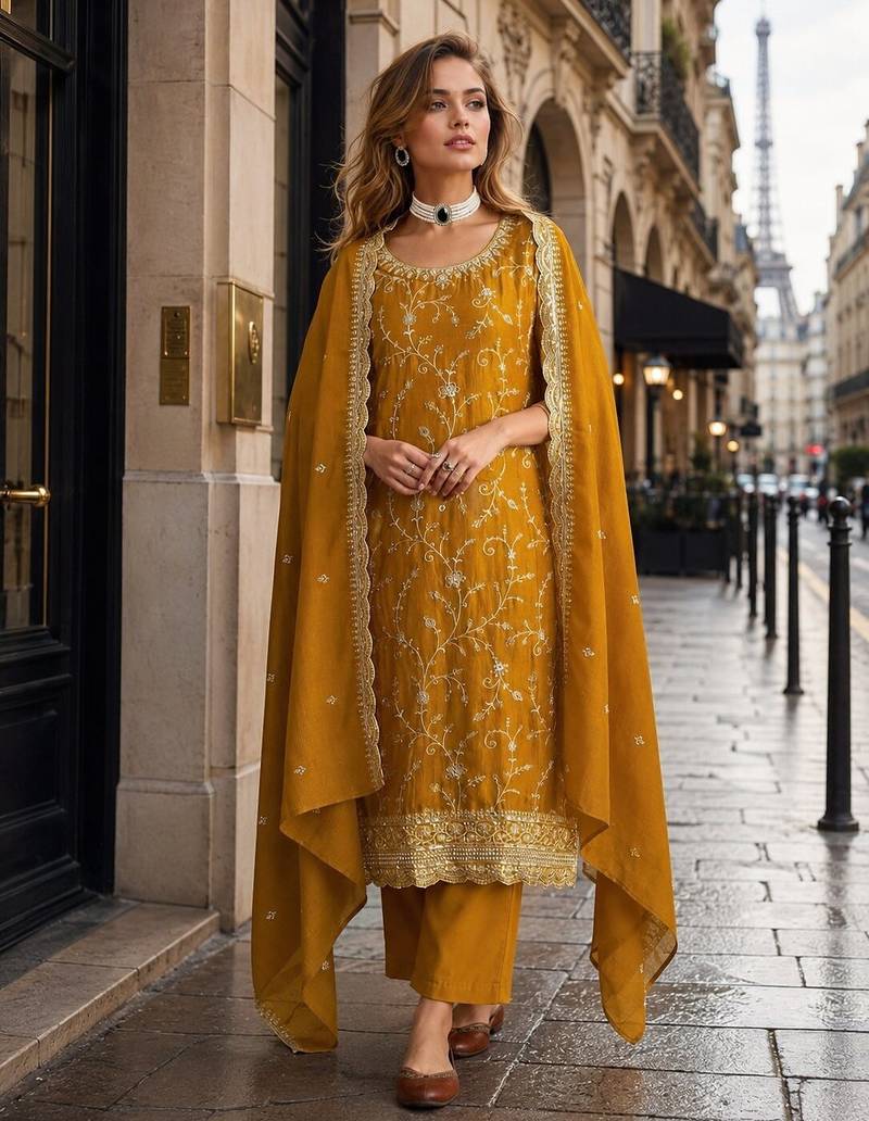 Mustard vichitra silk semi stitched suit with embroidery & sequence work