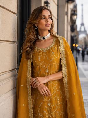 Mustard vichitra silk suit with embroidery & sequin work 2