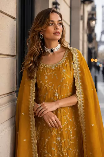 Mustard vichitra silk semi stitched suit with embroidery & sequence work