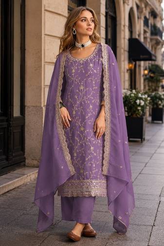 Purple vichitra silk semi stitched suit with embroidery & sequence work
