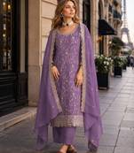 Purple vichitra silk semi stitched suit with embroidery & sequence work