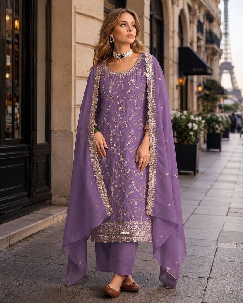 Purple vichitra silk semi stitched suit with embroidery & sequence work