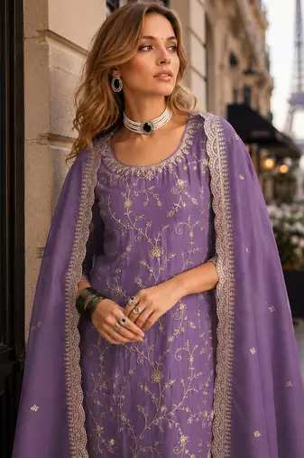 Purple vichitra silk semi stitched suit with embroidery & sequence work