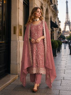Peach vichitra silk suit with embroidery & sequin work 1