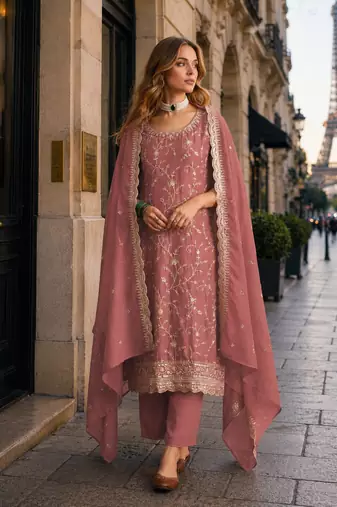 Peach vichitra silk semi stitched suit with embroidery & sequence work