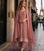 Peach vichitra silk semi stitched suit with embroidery & sequence work