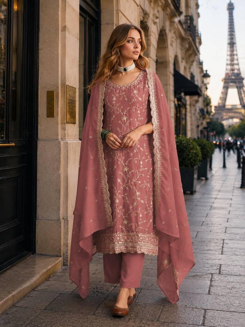 Peach vichitra silk semi stitched suit with embroidery & sequence work
